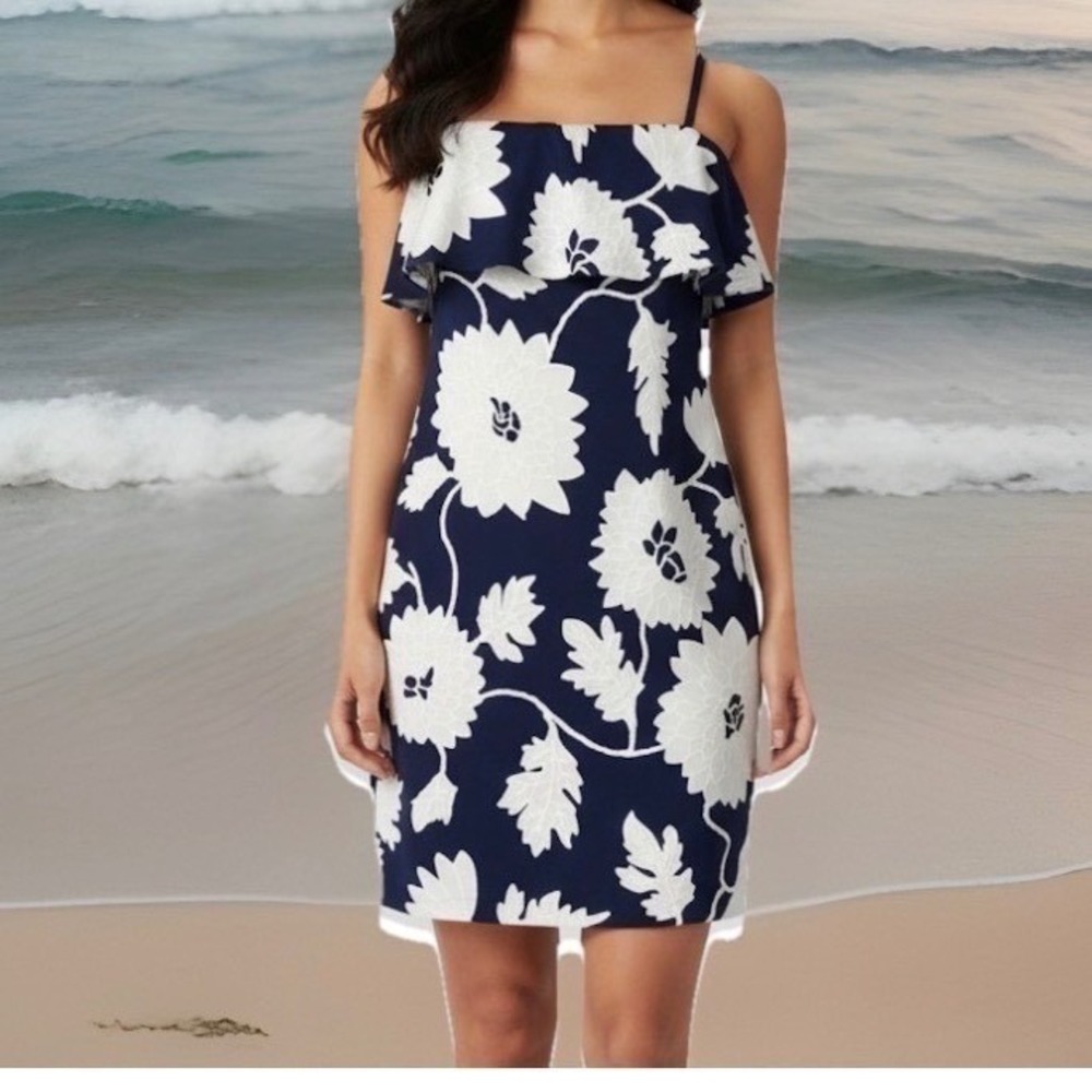 NWT Guess Floral Sheath Dress Women 2 Navy Blue Ruffle Off Shoulder GDKP2851